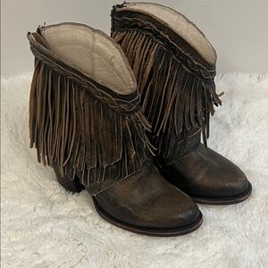 Fringe Leather Ankle Boots - Brown